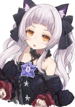 1girl :d animal_ears arched_bangs bare_shoulders black_dress black_sleeves bow brooch cat_ears center_frills commentary criss-cross_halter cropped_torso detached_sleeves dress dress_bow flat_chest frilled_dress frilled_ribbon frills gothic_lolita grey_hair hair_ribbon halter_dress halterneck hololive jewelry lolita_fashion long_hair long_sidelocks murasaki_shion murasaki_shion_(gothic_lolita) nyucha official_alternate_costume official_alternate_hairstyle open_mouth paw_pose raised_eyebrows ribbon ringed_eyes sidelocks simple_background sleeveless sleeveless_dress smile solo star_brooch twintails upper_body v-shaped_eyebrows virtual_youtuber wavy_hair white_background yellow_eyes