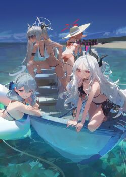 4girls absurdres ako_(blue_archive) bikini black_bikini blue_archive blue_bikini blue_eyes blue_hair blue_sky boat breasts brown_hair chinatsu_(blue_archive) cleavage closed_mouth crossed_bangs dark-skinned_female dark_skin demon_girl demon_wings grey_hair hair_between_eyes halo hat highres hina_(blue_archive) iori_(blue_archive) long_hair looking_at_viewer medium_hair modare multiple_girls on_boat outdoors pointy_ears prefect_team_(blue_archive) purple_eyes sky smile sun_hat sunglasses swim_ring swimsuit twintails twitter_username watercraft white_bikini wings