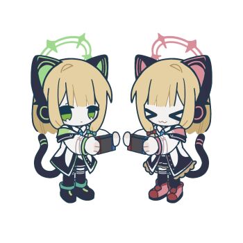 >_< 2girls :3 :| animal_ear_headphones animal_ears ball_hands black_jacket black_shoes black_shorts black_skirt black_tail black_thighhighs blonde_hair blue_archive blue_necktie bow buttons cat_ear_headphones cat_ears cat_tail chibi chibi_only chinese_commentary closed_eyes closed_mouth collared_shirt commentary fake_animal_ears fake_tail frilled_jacket frilled_skirt frills full_body green_bow green_eyes green_halo green_jacket hair_bow halo handheld_game_console headphones holding holding_handheld_game_console jacket long_sleeves looking_at_viewer low-tied_sidelocks midori_(blue_archive) momoi_(blue_archive) multicolored_jacket multiple_girls necktie open_clothes open_jacket pink_halo pink_jacket pink_shoes pleated_skirt red_bow remomo_(11975462) school_uniform shirt shoes short_hair short_shorts shorts siblings sidelocks simple_background sisters skirt smile standing suspender_shorts suspender_skirt suspenders tail thighhighs twins unbuttoned unbuttoned_jacket white_background white_jacket white_shirt x3