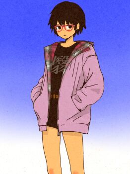 1girl black_hair black_shirt blue_background closed_mouth clothes_writing cowboy_shot glasses gradient_background hands_in_pockets hashtag-only_commentary highres jacket looking_at_viewer nicomull250 open_clothes original red-framed_eyewear shirt short_hair solo standing traditional_media