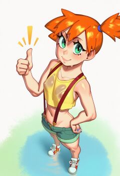 1girl bare_arms bare_shoulders blue_nails blush breasts closed_mouth collarbone covered_erect_nipples crop_top denim denim_shorts eyelashes from_above full_body green_eyes green_shorts hand_on_own_hip hand_up looking_at_viewer looking_up midriff misty_(pokemon) nail_polish navel nintendo nipples no_bra orange_hair pokemon pokemon_(anime) pokemon_(classic_anime) pokemon_rgby ponytail see-through_clothes see-through_shirt shiny_skin shirt shoes short_hair short_shorts shorts side_ponytail sleeveless small_breasts smile sneakers solo standing stomach suspender_shorts suspenders sweat tank_top thumbs_up voidedmelon wet wet_clothes wet_shirt yellow_shirt