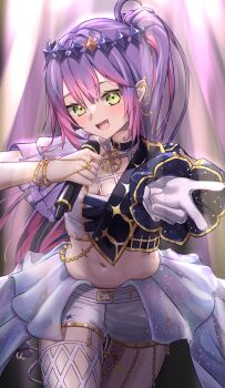 1girl :d absurdres asymmetrical_sleeves belt_collar black_jacket breasts circlet cleavage collar colored_tips commentary_request cropped_jacket cropped_shirt demon_girl demon_tail ear_piercing fang gloves gold_trim green_eyes hair_between_eyes high_ponytail highres holding holding_microphone hololive jacket latc0m_s000015b long_hair long_sleeves looking_at_viewer medium_breasts microphone mismatched_sleeves multicolored_hair navel open_mouth outstretched_arm piercing pink_hair pointy_ears ponytail purple_hair shirt short_shorts short_sleeves shorts sidelocks single_glove smile solo stage stage_lights stomach tail thigh_gap tokoyami_towa virtual_youtuber white_gloves white_jacket white_shirt white_shorts