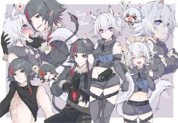&gt;_&lt; 1boy 1girl :3 @_@ abs ahoge animal_ear_fluff animal_ears apple arm_around_waist bandaid bandaid_on_shoulder bare_shoulders belt black_belt black_gloves black_hair black_shirt black_sweater_vest black_thighhighs blush blush_stickers border breasts cat_ears cat_girl cat_tail character_name cheese closed_eyes closed_mouth clothes_lift cropped_jacket crossed_bangs elbow_gloves eye_contact face-to-face facing_viewer fingerless_gloves flying_sweatdrops food fruit fur_trim genderswap genderswap_(ftm) genderswap_(mtf) gloves green_eyes grey_gloves grey_shorts grey_sweater_vest grey_thighhighs grin hair_between_eyes heart hetero highres imagining jane_doe_(zenless_zone_zero) licking_lips lifting_own_clothes light_brown_background long_hair long_sleeves looking_at_another looking_at_viewer mars_symbol medium_breasts midriff mirui mouse_boy mouse_ears mouse_tail multicolored_hair multiple_views navel open_mouth outside_border purple_eyes rat_boy red_hair saliva seth_lowell shirt shirt_lift short_hair short_shorts shorts smile speech_bubble spoken_blush spoken_object standing streaked_hair sweat sweater_vest tail thigh_belt thigh_strap thighhighs thought_bubble toned toned_male tongue tongue_out torn_clothes torn_shirt translation_request venus_symbol white_border white_hair zenless_zone_zero