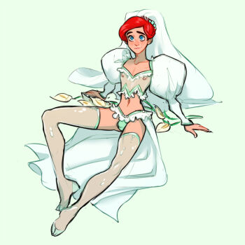 1boy aqua_eyes aqua_panties ariel_(disney) dress full_body genderswap genderswap_(ftm) green_background highres juliet_sleeves long_sleeves looking_at_viewer midriff navel nipples panties puffy_sleeves red_hair ripushko shadow simple_background sitting smile solo the_little_mermaid_(disney) thighhighs underwear wedding_dress