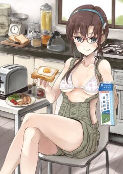 1girl :d bacon bikini bikini_top_only blue_eyes blue_hairband blush bread bread_slice breasts chair cherry_tomato closed_mouth coffee_pot commentary_request container counter crossed_legs day drink_carton egg_(food) female_focus food fried_egg fried_egg_on_toast fujita_hidetoshi glasses hairband halterneck holding holding_milk_carton indoors kitchen kitchen_scale knife lettuce licking_lips long_hair looking_at_viewer makinami_mari_illustrious medium_breasts milk_carton neon_genesis_evangelion on_chair open_mouth overalls pasta pepper_shaker plate print_bikini red-framed_eyewear salt_shaker sitting smile solo spaghetti star_(symbol) star_print star_print_bikini stove sunlight sunny_side_up_egg swimsuit table toast toaster tomato tongue tongue_out translation_request underboob weighing_scale white_bikini window wooden_floor