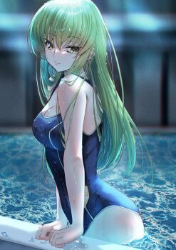 1girl absurdres arm_support bare_arms bare_shoulders blue_one-piece_swimsuit blurry blurry_background breasts budgiepon c.c. cleavage closed_mouth code_geass commentary competition_swimsuit cowboy_shot curvy eyes_visible_through_hair from_side green_hair hair_between_eyes hair_over_shoulder highres light_blush lips long_hair looking_at_viewer medium_breasts nose one-piece_swimsuit pool poolside signature skindentation smile solo split_mouth straight_hair swimsuit very_long_hair wet wet_clothes wet_hair wet_swimsuit yellow_eyes