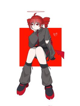 :/ ahoge arm_cutout black_shoes closed_mouth clothing_cutout collared_jacket commentary drill_hair facing_viewer full_body grey_jacket grey_socks hair_between_eyes halo hand_up head_on_hand highres jacket kasane_teto looking_to_the_side loose_socks outstretched_arm red_background red_eyes red_hair red_halo red_trim seibutsu_(kaibu23_seibutu) shoes shoulder_cutout simple_background sitting socks twin_drills two-tone_background utau white_background