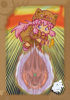 10s 1girl 2019 2023 20s animal animal_hat ball baseball_(object) blue_eyes blush boar brown_dress brown_fur brown_hat chinese_zodiac dress fur-trimmed_shoes fur_dress fur_trim fur_wrist_cuffs happy_new_year hat heart long_hair looking_at_viewer misukomu_plus motion_lines musical_note new_year original pig pig_hat pink_hair pink_shoes puffy_sleeves sharp_teeth shoes short_sleeves sky smile standing standing_on_one_leg teeth throwing tusks wrist_cuffs year_of_the_pig yellow_sky zodiac_girl_(misukomu_plus)