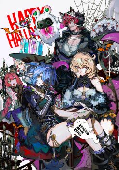 1boy 2others 4girls absurdres accessories alice_thymefield animal animal_ear_fluff animal_ears animal_on_back asymmetrical_shorts bandaged_head bandages bangboo_(zenless_zone_zero) bare_shoulders black_boots black_gloves black_hair black_hat black_jacket black_sailor_collar black_unitard blonde_hair blue_hair blue_horns book boots bra braid braided_twintails breasts button_gap cake candelabra candlestand cardigan choker cleavage closed_mouth collar collarbone commentary_request copyright_name cup detached_sleeves dog_boy dog_ears drink drinking_straw ear_piercing endo_(takolegs) english_text fingerless_gloves food ghost gloves goat_ears goat_girl goat_horns goat_tail green_bra green_eyes guest_art hair_between_eyes hair_intakes hair_ornament halloween happy_halloween hat head_rest heart_wand heterochromia highres holding holding_cake holding_cup holding_food horns jacket jewelry kamanosuke_(zenless_zone_zero) key key_choker komano_manato large_breasts long_hair looking_at_another looking_at_viewer looking_to_the_side lucia_elowen medallion medium_breasts miss_esme_(zenless_zone_zero) mole mole_under_mouth monster_girl multicolored_hair multiple_girls multiple_others multiple_scars muscular muscular_male necklace open_mouth pectorals piercing pink_cardigan plate pointy_ears purple_hair purple_nails rabbit_ears rabbit_girl raccoon red_bandage red_eyes red_hair ringed_eyes sailor_collar scar scar_across_eye scar_on_chest scar_on_face scylla shirt short_hair silk single_sleeve smile sphere_hair_ornament spider_web tail tanuki tentacle_girl tentacle_tail tentacles twin_braids twintails ukinami_yuzuha underwear white_background white_shirt yellow_eyes yidhari_murphy zenless_zone_zero