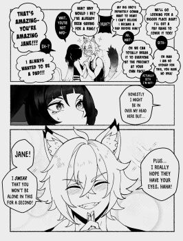 Rule 34 | 1boy, 1girl, animal ears, black hair, blunt bangs, cat boy, cat ears, comic, commentary, couple, english commentary, english text, greyscale, grin, hetero, highres, jane doe (zenless zone zero), long hair, monochrome, mouse ears, mouse girl, nyantcha, seth lowell, short hair, smile, speech bubble, zenless zone zero