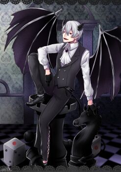 1boy :d absurdres ascot belt black_belt black_gloves black_pants black_shoes black_vest brooch collared_shirt commentary_request demon demon_boy demon_horns demon_wings dice fangs full_body gloves grey_hair grey_socks hair_between_eyes highres horns jewelry kuroyuki_0713 male_focus open_mouth original pants red_eyes shirt shoes smile socks solo teeth tongue upper_teeth_only vest white_ascot white_shirt wings
