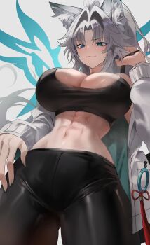 1girl abs absurdres animal_ear_fluff animal_ears aqua_eyes black_sports_bra breasts cleavage commentary_request feixiao_(honkai:_star_rail) fox_ears fox_girl grey_hair hair_intakes highres honkai:_star_rail honkai_(series) jacket large_breasts long_hair midriff navel pants simple_background solo sports_bra sportswear thuban_ap tight_clothes tight_pants toned toned_female very_long_hair white_background white_jacket yoga_pants