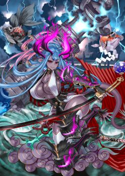 Rule 34 | 1girl, animal, arm at side, arm up, armor, asymmetrical dual wielding, black sclera, black shrug, blue background, blue fire, blue hair, breasts, caustics, center-flap bangs, cleavage, closed mouth, cloud, collared shrug, colored sclera, colored skin, curvy, dual wielding, evil smile, fate/grand order, fate (series), fingernails, fire, fish, fishnet top, fishnets, flaming horns, floating, floating hair, full body, game cg, green nails, hair rings, holding, holding sword, holding weapon, honjou raita, horns, huge breasts, ibuki douji (fate), ibuki douji (swimsuit berserker) (fate), ibuki douji (swimsuit berserker) (third ascension) (fate), japanese armor, katana, kusanagi no tsurugi (fate), leg armor, legs up, lightning, long fingernails, long hair, long pointy ears, long sidelocks, long toenails, looking at viewer, multicolored hair, multiple horns, official art, outstretched foot, overcast, pink fire, pink hair, pinky out, pointy ears, purple skin, red eyes, shide, shrug (clothing), sidelocks, sidelocks tied back, sky, smile, solo, stirrup legwear, stone lantern, storm, streaked hair, sword, thighhighs, third-party source, toeless legwear, toenails, unsheathed, variant set, waist cape, water, weapon, white thighhighs