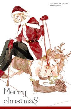 antlers augustus_(path_to_nowhere) closed_eyes czyw01 hat highres horns langley_(path_to_nowhere) path_to_nowhere reindeer_antlers riding_crop santa_costume santa_hat white_background