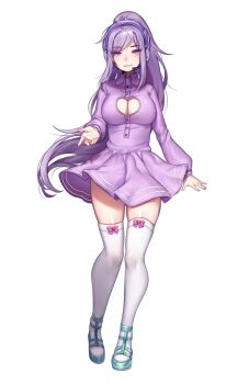 Rule 34 | 1girl, aeris (utau), aqua shoes, breasts, cleavage cutout, clothing cutout, dress, headset, heart cutout, high ponytail, highres, large breasts, long hair, looking at viewer, non-web source, official art, outstretched hand, pleated dress, ponytail, purple dress, purple eyes, purple hair, shoes, sidelocks, simple background, skindentation, smile, solo, standing, swept bangs, tachi-e, terupancake, thighhighs, transparent background, utau, very long hair, white thighhighs