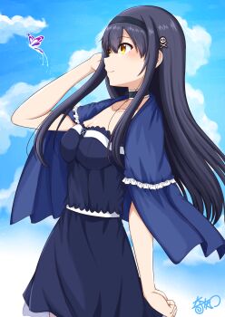 1girl absurdres arm_at_side black_camisole black_choker black_hair black_horns black_skirt blue_butterfly blue_capelet blue_sky blush bone_hair_ornament breasts bug butterfly camisole capelet choker cleavage clenched_hand closed_mouth cloud collarbone commentary_request cowboy_shot day frilled_capelet frilled_choker frills from_side glowing_butterfly hair_between_eyes hair_ornament hand_up highres horns insect kirsiri_tooru_(kishiri10oru) kushima_kamome large_breasts long_hair looking_at_animal medium_skirt outdoors sidelocks signature skirt skull_and_crossbones skull_hair_ornament sky smile solo sparkle straight_hair summer_pockets very_long_hair yellow_eyes