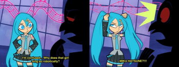 1girl 1other alternate_hairstyle aqua_eyes aqua_hair aqua_necktie beamed_eighth_notes black_skirt black_sleeves bunching_hair caption cartoonized commentary cowboy_shot detached_sleeves eighth_note english_commentary english_text eyed_silhouette frown grey_shirt hair_ornament hairclip hatsune_miku holding holding_own_hair long_hair looking_at_another miniskirt musical_note musical_staff necktie open_mouth pleated_skirt quarter_note red_eyes retro_artstyle shirt shoulder_tattoo silhouette skirt sleeveless sleeveless_shirt standing surprised tattoo tehnutball thighhighs toon_(style) very_long_hair vocaloid window_shadow zettai_ryouiki