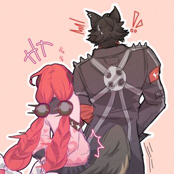 1boy 1girl animal_ears black_hair black_jacket butt_bump dog_boy dog_ears dog_tail highres jacket komano_manato marinah multicolored_hair muscular muscular_male pink_vest red_hair size_difference tail twintails ukinami_yuzuha vest zenless_zone_zero