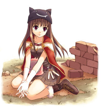 1girl black_hat boots breasts brick brick_wall broken_wall brown_boots brown_dress brown_eyes brown_hair cape cleavage closed_mouth creator_(ragnarok_online) deviruchi_hat dress expressionless full_body fur-trimmed_boots fur_trim gloves grass hat interlocked_fingers long_hair looking_afar medium_breasts own_hands_together ragnarok_online red_cape short_dress sitting solo vial wariza white_gloves yakka