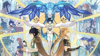 Rule 34 | 5girls, 6+boys, absurdres, aether (genshin impact), amber (genshin impact), barbara (genshin impact), black gloves, black hair, blonde hair, braid, brown cape, cape, closed eyes, dahlia (genshin impact), dvalin (genshin impact), flower, genshin impact, gloves, gradient hair, green vest, hair flower, hair ornament, highres, hoyofair, instrument, jean (genshin impact), leg tattoo, lisa (genshin impact), lyre, male focus, multicolored hair, multiple boys, multiple girls, multiple views, nameless bard (genshin impact), rosaria (genshin impact), shiba (tonari no shiba inu), shorts, single braid, smile, tattoo, twin braids, varka (genshin impact), venti (archon) (genshin impact), venti (genshin impact), vest, white shorts, white wings, wings