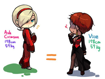 1boy 1girl ^^^ androgynous ash_crimson bad_id bad_pixiv_id blonde_hair blue_eyes breasts chibi cleavage dark_skin earrings freckles hair_over_one_eye hairband jewelry kkaiju measurements pantyhose red_hair short_hair snk the_king_of_fighters trap vice_(kof)