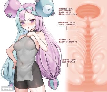 1girl absurdres aqua_hair asymmetrical_bangs bare_shoulders bike_shorts blush breasts commentary_request covered_navel cowboy_shot cross-section gen_1_pokemon grey_shirt hand_on_own_hip highres honeycomb_(pattern) iono_(pokemon) long_hair looking_at_viewer low-tied_long_hair magnemite medium_breasts multicolored_hair nintendo open_mouth pipi20211026 pokemon pokemon_sv purple_eyes purple_hair shirt sleeveless sleeveless_shirt solo translated two-tone_hair uterus very_long_hair