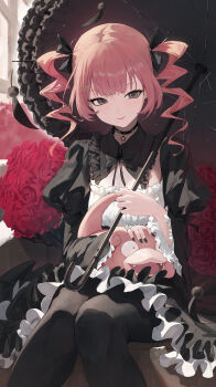 1girl absurdres animal animal_on_lap black_choker black_collar black_dress black_eyes black_nails black_pantyhose black_ribbon black_umbrella bouquet check_copyright choker closed_mouth collar commentary copyright_request detached_collar dress feet_out_of_frame flower frilled_dress frilled_sleeves frills gen_1_pokemon goth_fashion hair_between_eyes highres holding holding_umbrella looking_at_viewer mole mole_under_eye mole_under_mouth multicolored_dress nail_polish on_lap original pantyhose pink_hair puffy_sleeves re_naya red_flower red_rose ribbon rose short_hair sidelocks sitting slowpoke two-tone_dress umbrella white_dress