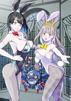 2girls animal_ears ass bare_shoulders bat_(animal) black_hair black_leotard blue_eyes blush breasts checkered_pantyhose cleavage cowboy_shot digimon digimon_(creature) digimon_story:_time_stranger elbow_gloves fake_animal_ears fake_tail finger_to_mouth fishnet_pantyhose fishnets gloves green_hat grey_eyes grey_hair grey_pantyhose group_picture hat highres indoors large_breasts leotard long_hair misono_inori multiple_girls pantyhose playboy_bunny rabbit_ears rabbit_tail short_hair strapless strapless_leotard tail tsukaima_(vfcou) two-tone_pantyhose white_gloves white_leotard yuuki_kanan