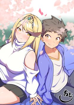 1boy 1girl alternate_costume blonde_hair breasts large_breasts mythra_(xenoblade) osora_(judithandlilith) rex_(xenoblade) xenoblade_chronicles_(series) xenoblade_chronicles_2