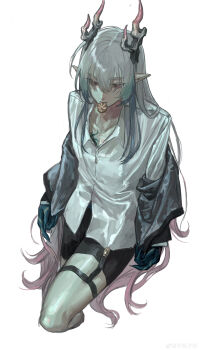 Rule 34 | 1boy, absurdres, arknights, black jacket, black male underwear, blue streaks, boxers, chinese commentary, collarbone, colored extremities, commentary request, cropped legs, dragon boy, dragon horns, dumpling, food, food in mouth, garter straps, gradient hair, green hands, grey hair, hair between eyes, hair over shoulder, highres, horns, jacket, jacket partially removed, long hair, male focus, male underwear, multicolored hair, partially unbuttoned, pink hair, pointy ears, red eyes, shirt, simple background, sitting, solo, streaked hair, thigh strap, underwear, very long hair, white background, white shirt, yi (arknights), zizhisan