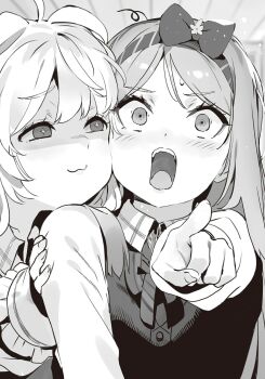 +_+ 2girls :3 ahoge blush bow breasts cheek-to-cheek collared_shirt enju_yuyuko greyscale hair_between_eyes hair_bow hair_ornament half-closed_eyes hand_on_another&#039;s_shoulder heads_together highres index_finger_raised itan_na_karera_no_kimitsu_kyoshitsu long_hair long_sleeves looking_at_viewer medium_hair monochrome multiple_girls nauribon non-web_source novel_illustration official_art open_mouth outstretched_arm parted_bangs pointing pointing_at_viewer reaching reaching_towards_viewer ribbon sakuragahira_aoba school_uniform shirt small_breasts smile surprised sweat teeth tsurime upper_body upper_teeth_only vest wide-eyed