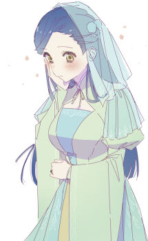 1girl blue_hair breasts commentary_request dress green_dress half_updo hand_on_own_cheek hand_on_own_face highres honzuki_no_gekokujou kawabata_arata large_breasts long_dress myne_(honzuki_no_gekokujou) solo upper_body veil wide_sleeves yellow_eyes