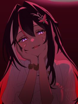 Rule 34 | 1girl, :d, asymmetrical sidelocks, azki (4th costume) (hololive), azki (hololive), black hair, bracelet, braid, closed mouth, collared dress, colored inner hair, commentary request, double-parted bangs, dress, frilled dress, frills, glowing, glowing eyes, hair between eyes, hair intakes, hair ornament, hairclip, half up braid, hands on own face, hands up, highres, hololive, jewelry, looking at viewer, mole, mole under eye, multicolored hair, nail polish, open mouth, pink hair, pink nails, pink streaks, purple eyes, sidelocks, smile, solo, teeth, three-quarter sleeves, upper teeth only, virtual youtuber, white dress, white streaks, yandere, you06