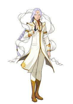 1boy absurdres ace_attorney armlet bead_necklace beads bindi bishounen boots braid brown_boots coat earrings full_body fuse_takuro green_eyes highres jewelry knee_boots long_hair looking_at_viewer male_focus nahyuta_sahdmadhi necklace official_art pants phoenix_wright:_ace_attorney_-_spirit_of_justice silver_hair smile solo standing thick_eyebrows transparent_background white_background white_pants