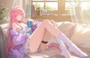 1girl absurdres alternate_costume book breasts caelus_(honkai:_star_rail) character_doll cleavage commentary cup cyrene_(demiurge)_(honkai:_star_rail) cyrene_(honkai:_star_rail) doll dress drinking_glass hair_intakes highres holding holding_book holding_cup honkai:_star_rail honkai_(series) indoors jacket knees_up large_breasts legs long_hair long_legs looking_at_viewer no_shoes parted_lips phainon_(honkai:_star_rail) pink_hair pink_jacket pointy_ears purple_eyes sidelocks single_off_shoulder sitting smile socks solo ssatang_118 strap_slip thigh_strap trailblazer_(honkai:_star_rail) white_dress white_socks