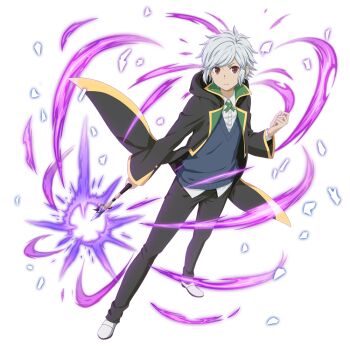 Rule 34 | 1boy, anime coloring, bell cranel, black jacket, black pants, blue sweater vest, closed mouth, collared shirt, danmachi memoria freese, dungeon ni deai wo motomeru no wa machigatteiru darou ka, full body, holding, holding wand, hood, hood down, hooded jacket, jacket, looking at viewer, magic, official alternate costume, official art, open clothes, open jacket, pants, red eyes, shirt, shoes, short hair, solo, standing, sweater vest, third-party source, wand, white hair, white shirt, white shoes