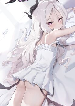 1girl absurdres artist_name ass blue_archive closed_mouth commentary_request demon_girl demon_horns demon_wings dress flat_chest halo highres hina_(blue_archive) horns hugging_object long_hair looking_at_viewer lying nekoya_(liu) on_stomach paid_reward_available pillow pillow_hug purple_eyes purple_halo purple_horns purple_wings signature solo twitter_username wavy_hair white_dress white_hair wings