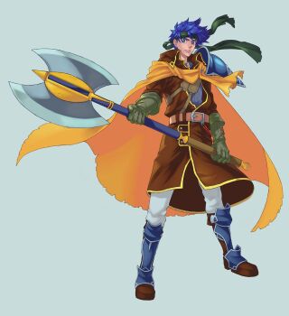 Rule 34 | 1boy, absurdres, armor, axe, blue eyes, blue hair, closed mouth, commentary request, double-sided axe, fire emblem, fire emblem: path of radiance, fire emblem heroes, full body, green headband, headband, highres, holding, holding weapon, ike (brave mercenary) (fire emblem), ike (fire emblem), male focus, nintendo, official alternate costume, pauldrons, short hair, shoulder armor, simple background, single pauldron, solo, tamaro pompom, weapon