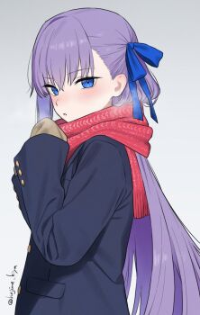 1girl blue_eyes blush brown_mittens coat commentary_request fate/extra fate/extra_ccc fate_(series) gradient_background kiya_hajime meltryllis_(fate) mittens purple_hair red_scarf scarf twitter_username virtual_youtuber visible_air winter_clothes winter_coat