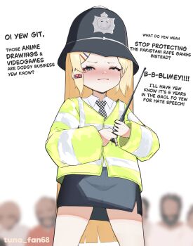 1girl absurdres blonde_hair blue_eyes blurry blurry_background checkered_necktie closed_mouth cunny_(meme) depth_of_field due_to_local_laws english_text hair_ornament hairclip hat high-visibility_clothing high-visibility_vest highres holding_baton loli long_hair long_sleeves looking_at_viewer meme necktie one_eye_closed original parallel_hairclips police_hat pun solo_focus standing tuna_fan68 union_jack united_kingdom uohhhhhhhhh!_(meme) you_gonna_get_raped