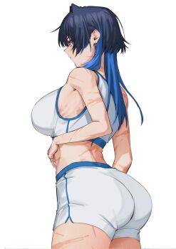 1girl alternate_costume ass black_hair blue_eyes blue_hair blue_trim breasts dolphin_shorts earrings from_behind from_side gradient_hair hair_behind_ear hair_intakes hashtag-only_commentary hololive hololive_english huge_ass jewelry large_breasts long_hair looking_ahead midriff multicolored_hair ouro_kronii scar scar_on_arm scar_on_face scar_on_stomach scar_on_thighs shorts sideboob simple_background solo sports_bra sportswear virtual_youtuber white_background white_shorts white_sports_bra yuutomeh