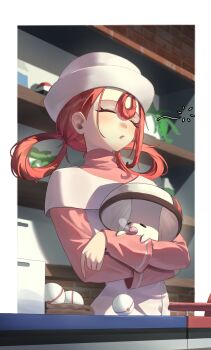 1girl blush border commentary dress foongus gen_5_pokemon hair_between_eyes hair_rings hat highres hug indoors long_sleeves naz_(hsae3838) nintendo nurse nurse_cap nurse_joy nurse_joy_(pokemon_legends:_z-a) open_mouth pink_hair pink_shirt plant poke_ball pokemon pokemon_(creature) pokemon_legends:_z-a potted_plant shirt sleeping standing upper_body white_border white_dress white_hat