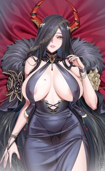 Rule 34 | 1girl, areola slip, azur lane, black hair, bracelet, breast curtains, breasts, chain, covered erect nipples, crotchless, crotchless panties, dress, eyelashes, friedrich der grosse (azur lane), gluteal fold, gold chain, hair over one eye, heart, highres, horns, jewelry, large breasts, lips, long hair, lying, mechanical horns, mole, mole under eye, on back, panties, parted lips, pearl thong, pink nails, red horns, ring, see-through clothes, see-through dress, solo, tsuki no i-min, underwear, yellow eyes