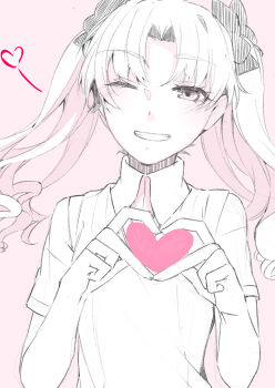 1girl ;d absurdres blush bow collared_shirt commentary_request cowboy_shot four-finger_heart_hands hair_bow heart heart_hands higashizukihi_sei highres long_hair looking_at_viewer one_eye_closed open_mouth pink_background school_uniform shirai_kuroko shirt short_sleeves smile solo sweater_vest toaru_kagaku_no_railgun toaru_majutsu_no_index tokiwadai_school_uniform two_side_up