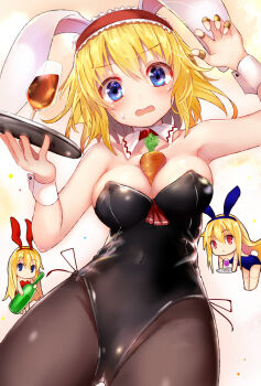1girl alice_margatroid alternate_costume animal_ears arm_up bare_arms bare_shoulders between_breasts black_leotard black_pantyhose blonde_hair blue_eyes breasts carrot cleavage covered_erect_nipples covered_navel cowboy_shot cup detached_collar drinking_glass efe fake_animal_ears female_focus hair_between_eyes hairband hand_up head_tilt holding large_breasts leotard looking_at_viewer pantyhose playboy_bunny puppet_strings rabbit_ears shanghai_doll solo sweatdrop touhou tray wrist_cuffs