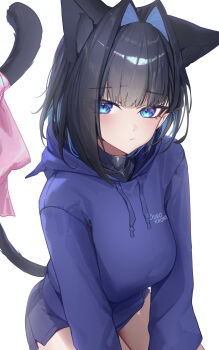 1girl absurdres animal_ear_fluff animal_ears black_hair blue_eyes blue_hair blue_hoodie blue_shorts breasts cat_ears cat_girl cat_tail closed_mouth colored_inner_hair commentary english_commentary hair_intakes highres hololive hololive_english hood hoodie large_breasts long_sleeves looking_at_viewer multicolored_hair ouro_kronii ribbon short_hair short_shorts shorts simple_background solo tail tail_ornament tail_ribbon virtual_youtuber white_background yoellim5