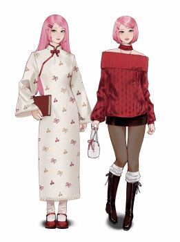 1girl arm_at_side artist_logo bag bag_ribbon black_boots black_pantyhose black_skirt bob_cut book boots bow bowtie cherry_print china_dress chinese_clothes collar commentary detached_collar dress earrings facial_mark fashion film_grain food_print forehead_mark fruit_print full_body green_eyes hair_ornament hairclip handbag haruno_sakura highres holding holding_bag holding_book jewelry knee_boots kneehighs knees_together_feet_apart lace lace-trimmed_dress lace_trim light_smile logo long_dress long_hair long_sleeves looking_ahead mary_janes miniskirt multiple_views nail_polish naruto_(series) necklace off-shoulder_sweater off_shoulder oversized_sweater pantyhose parallel_hairclips parted_lips pearl_earrings pink_hair pink_nails pink_ribbon print_dress red_bow red_bowtie red_collar red_shoes red_sweater red_trim ribbon ribbon_print shadow shoes short_hair sidelocks silver_ring skirt socks socks_over_pantyhose standing straight_hair sweater swept_bangs symbol-only_commentary tenartistt untucked watermark white_background white_bag white_dress white_socks wide_sleeves