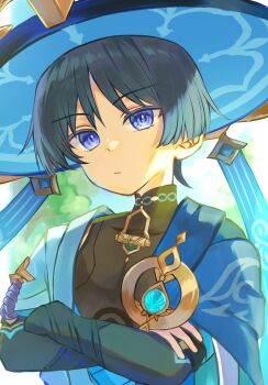 Rule 34 | 1boy, absurdres, anemo symbol (genshin impact), armor, black bodysuit, black bridal gauntlets, blue cape, blue gem, blue hat, blue kimono, blue sky, blue sleeves, blunt ends, bodysuit, bridal gauntlets, cape, closed mouth, colored eyelashes, covered collarbone, crossed arms, expressionless, gem, genshin impact, gold, grey hair, hand on own arm, hat, highres, japanese armor, japanese clothes, jingasa, juban, kimono, kote, kurokote, layered sleeves, looking at viewer, male focus, mandarin collar, nanase sato, open clothes, open kimono, outdoors, portrait, purple eyes, purple rope, rope, scaramouche (genshin impact), short sleeves, shoulder peek, sky, solo, tree, wanderer (genshin impact), white kimono, white sleeves, white trim, wispy bangs