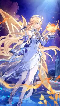 1girl 8_(e_uu88) bare_shoulders blonde_hair blue_eyes closed_mouth commentary_request cross-shaped_pupils detached_sleeves dress facial_mark forehead_mark full_body genshin_impact gold_halo halo highres long_hair nicole_(genshin_impact) pantyhose pointy_ears seelie_(genshin_impact) smile solo statue symbol-shaped_pupils tree very_long_hair white_dress white_pantyhose white_sleeves