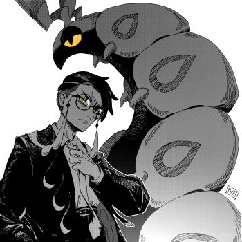 1boy absurdres belt bug closed_mouth collared_shirt corbeau_(pokemon) eyewear_strap gen_5_pokemon glasses highres horns jacket long_sleeves looking_at_viewer monochrome necktie nintendo open_clothes open_jacket pants pikat pokemon pokemon_(creature) pokemon_legends:_z-a round_eyewear scolipede shirt short_hair short_sideburns spot_color undercut yellow_eyes